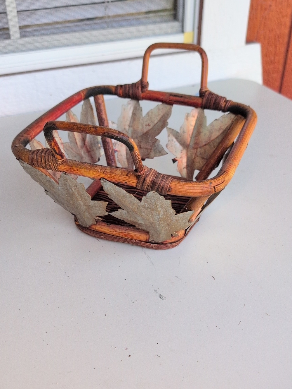Rustic Brown Wicker Basket with Copper Leaf Accents(226)